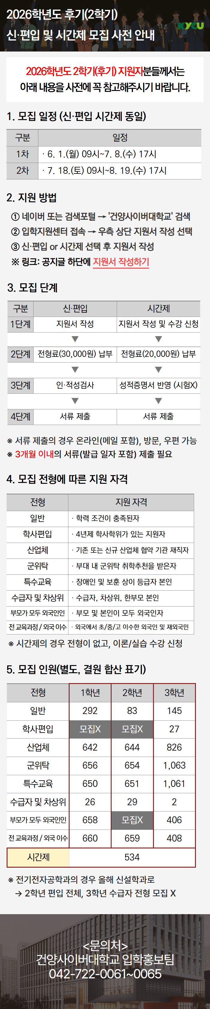 2026학년도 후기(2학기) 신·편입 및 시간제등록생 모집 사전 안내